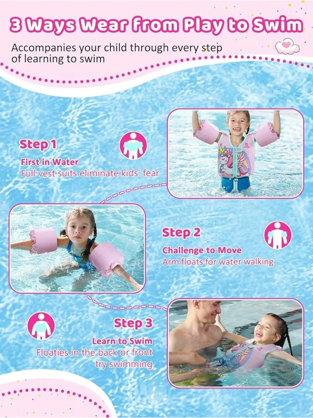Toddler Swim Vest Floaties Puddle Jumper 2-5 years Size M 33-50lbs Girls Unicorn